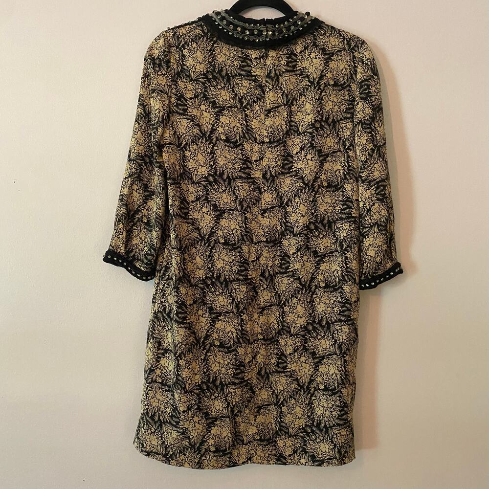 3.1 Phillip Lim Black Tan Floral Beaded Neck Silk 3/4 Sleeve Shift Dress size 2 - Picture 7 of 11